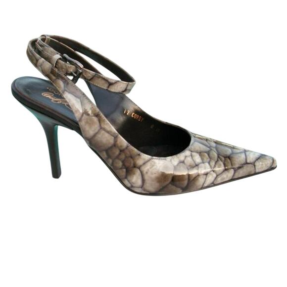 Donald Pliner Taupe Gray Tortoise Patent Leather Shoe Pump Ankle Wrap NWT $400